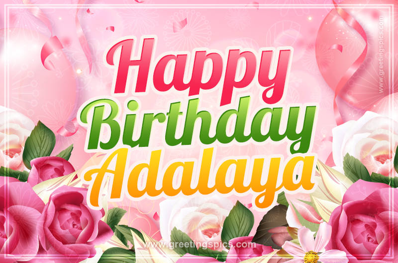 Image with gentle pink background and flowers Happy Birthday Adalaya