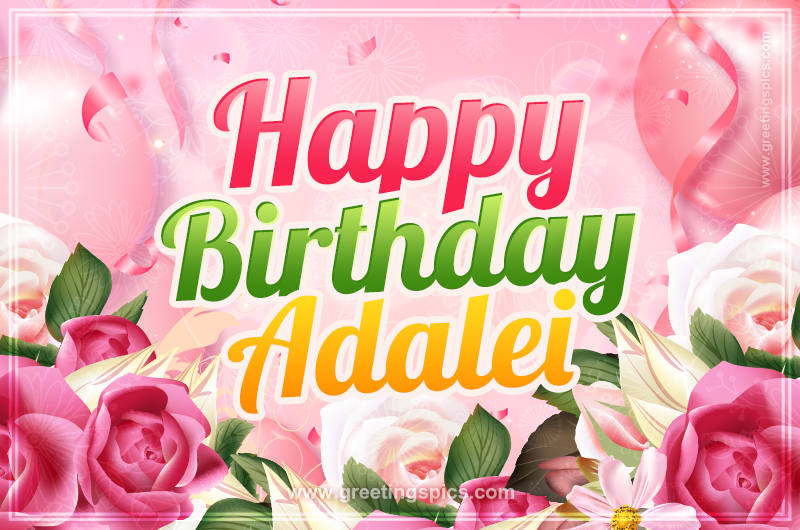 Image with gentle pink background and flowers Happy Birthday Adalei