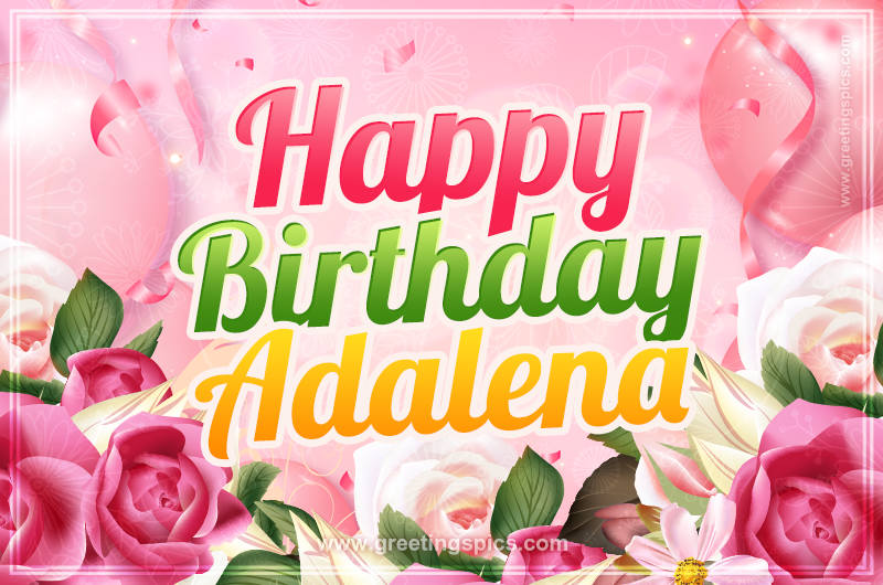 Image with gentle pink background and flowers Happy Birthday Adalena