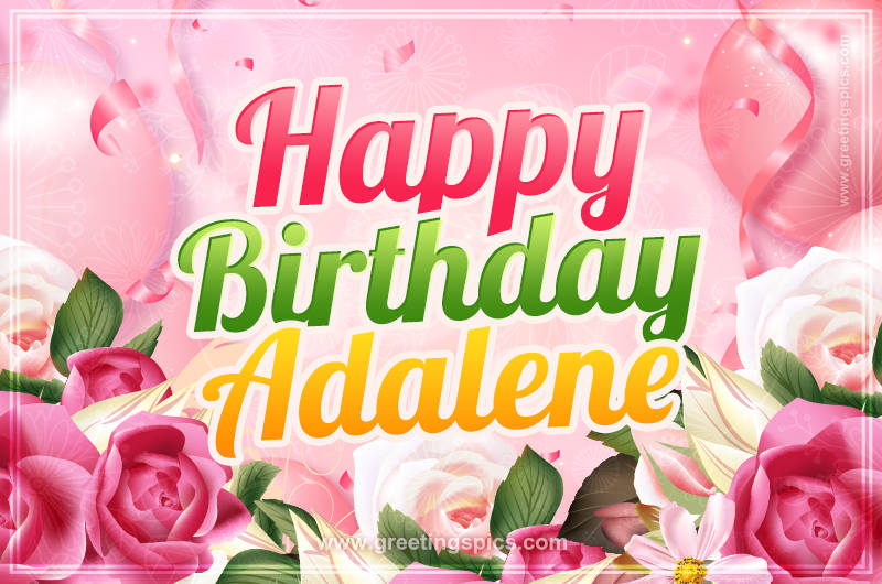 Image with gentle pink background and flowers Happy Birthday Adalene