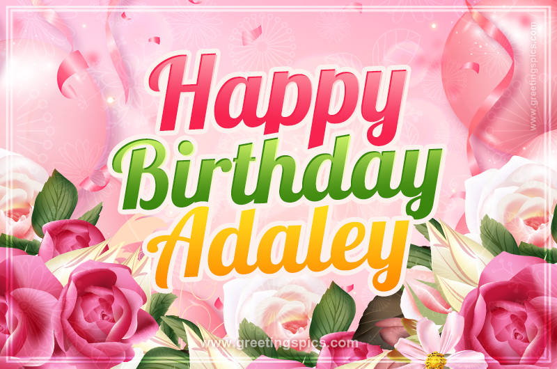 Image with gentle pink background and flowers Happy Birthday Adaley