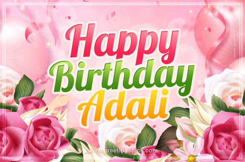 Image with gentle pink background and flowers Happy Birthday Adali