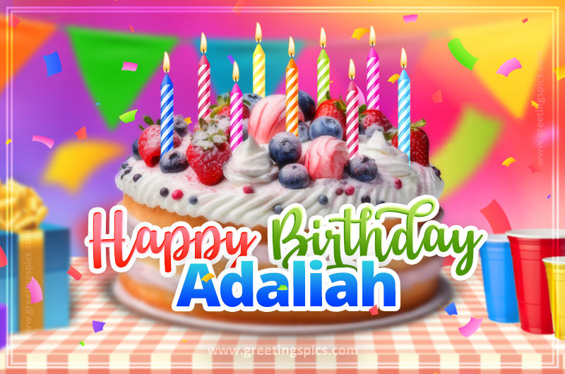 Happy Birthday Adaliah Colorful Image with fruit cake and candles