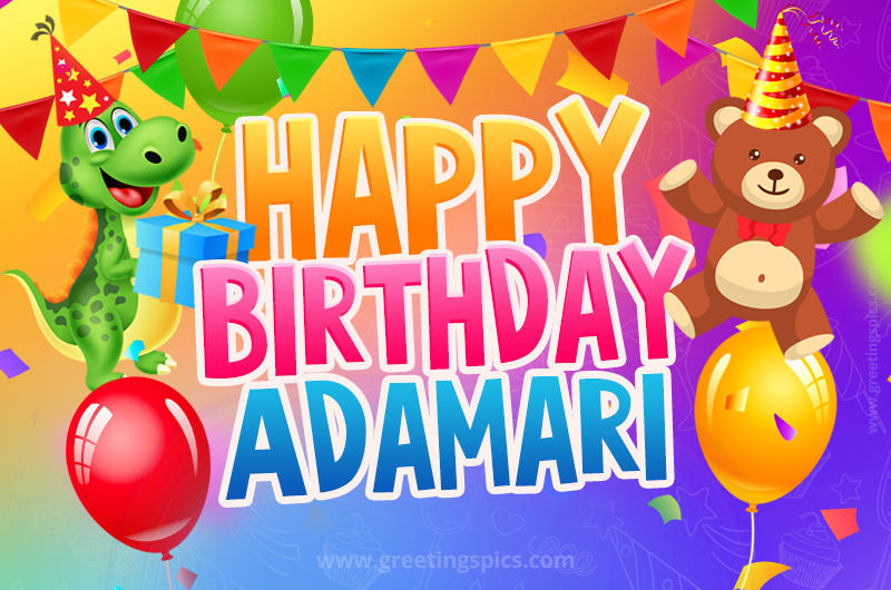 Happy Birthday Adamari Image for a child with cute dinosaur and bear