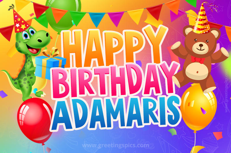 Happy Birthday Adamaris Image for a child with cute dinosaur and bear