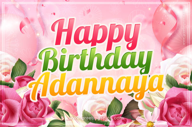 Image with gentle pink background and flowers Happy Birthday Adannaya