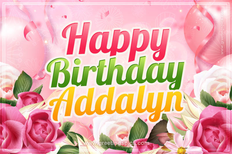 Image with gentle pink background and flowers Happy Birthday Addalyn