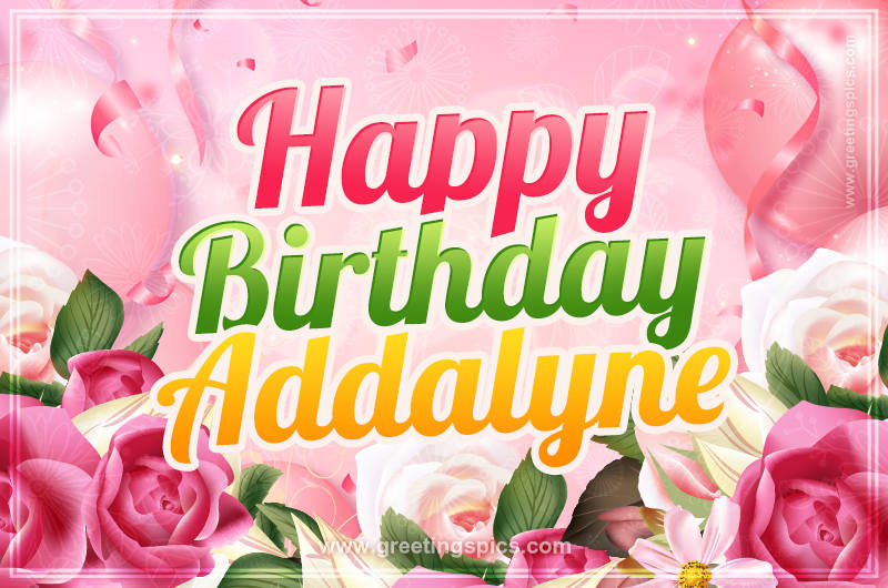 Image with gentle pink background and flowers Happy Birthday Addalyne