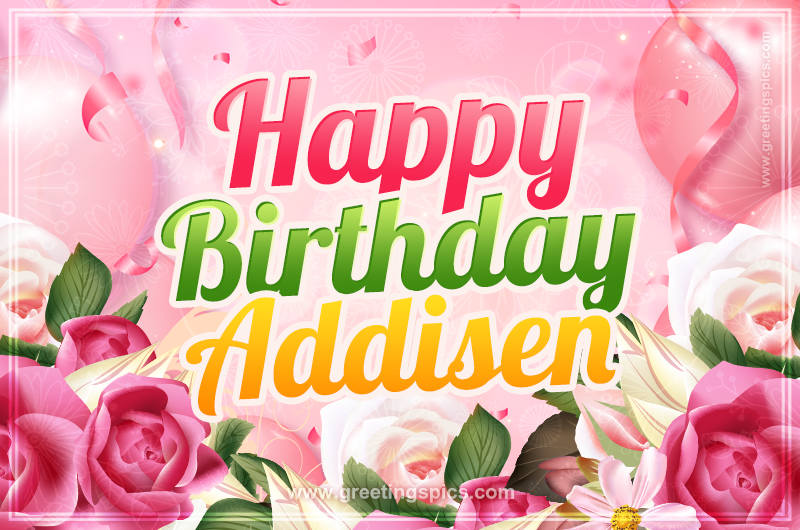 Image with gentle pink background and flowers Happy Birthday Addisen