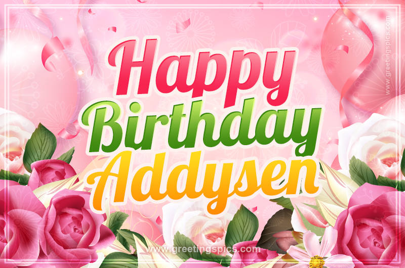 Image with gentle pink background and flowers Happy Birthday Addysen