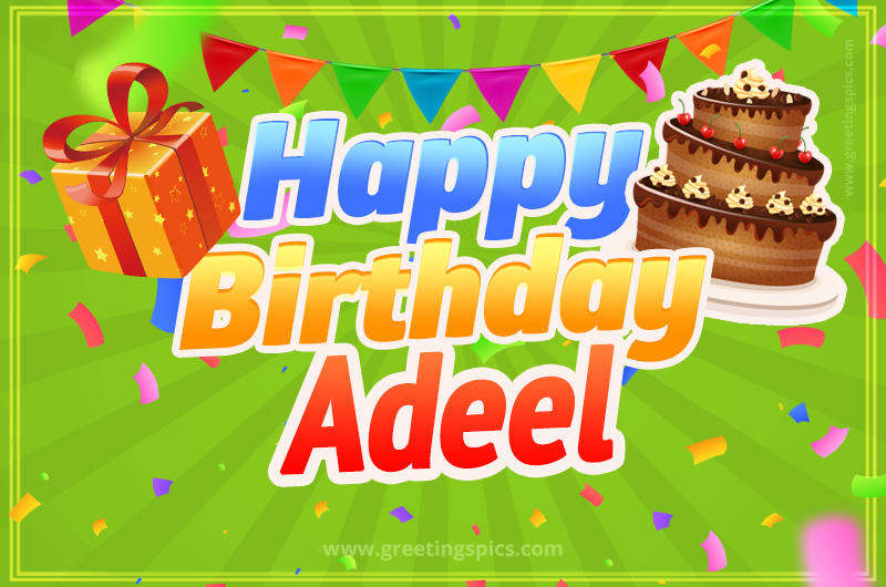 Happy Birthday Adeel picture with flags, chocolate cake and gift box