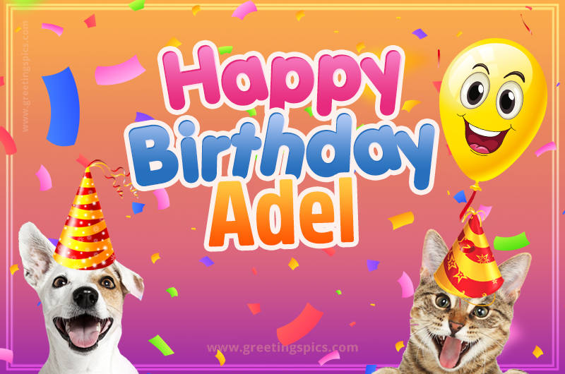 Happy Birthday Adel Funny Image with cat and dog