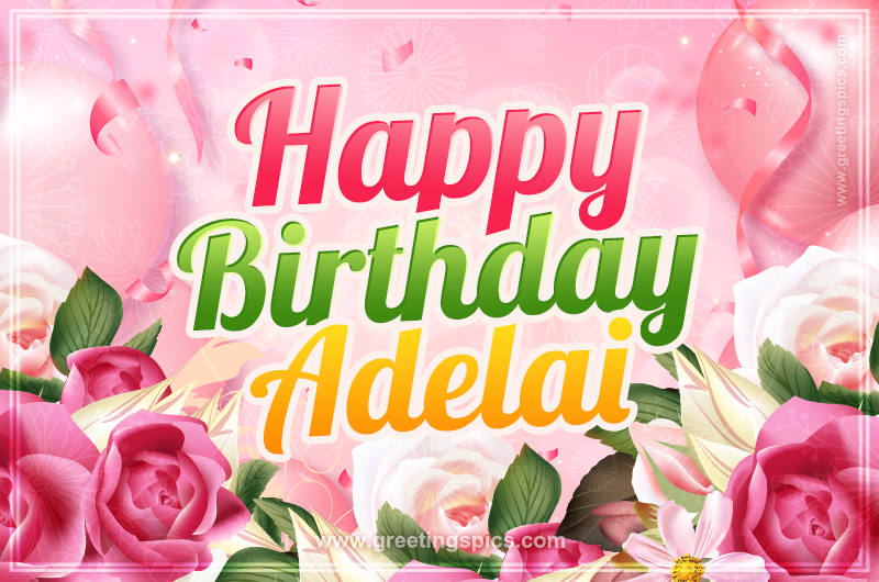 Image with gentle pink background and flowers Happy Birthday Adelai