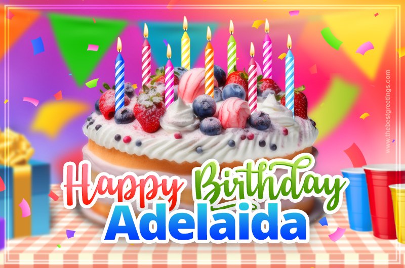 Happy Birthday Adelaidа Colorful Image with fruit cake and candles