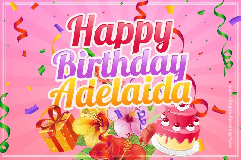 Beautiful Birthday Card for Adelaidа with Cake and bouquet of flowers