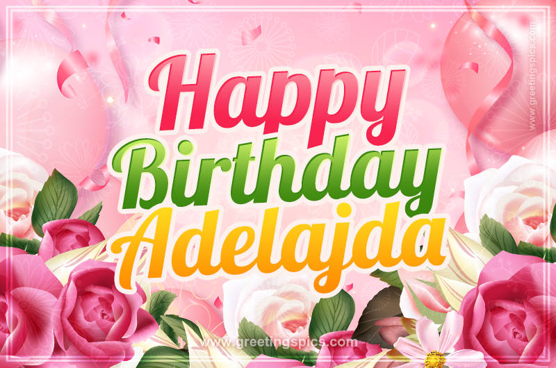 Image with gentle pink background and flowers Happy Birthday Adelajda