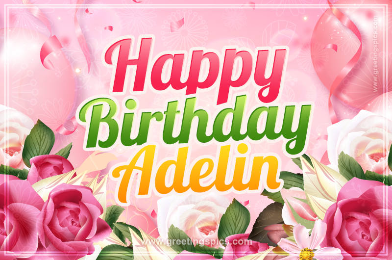 Image with gentle pink background and flowers Happy Birthday Adelin