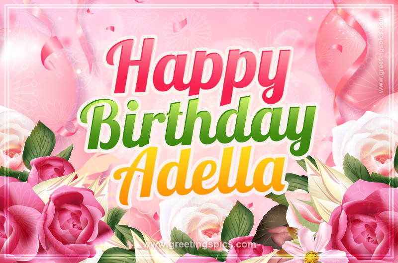 Image with gentle pink background and flowers Happy Birthday Adella