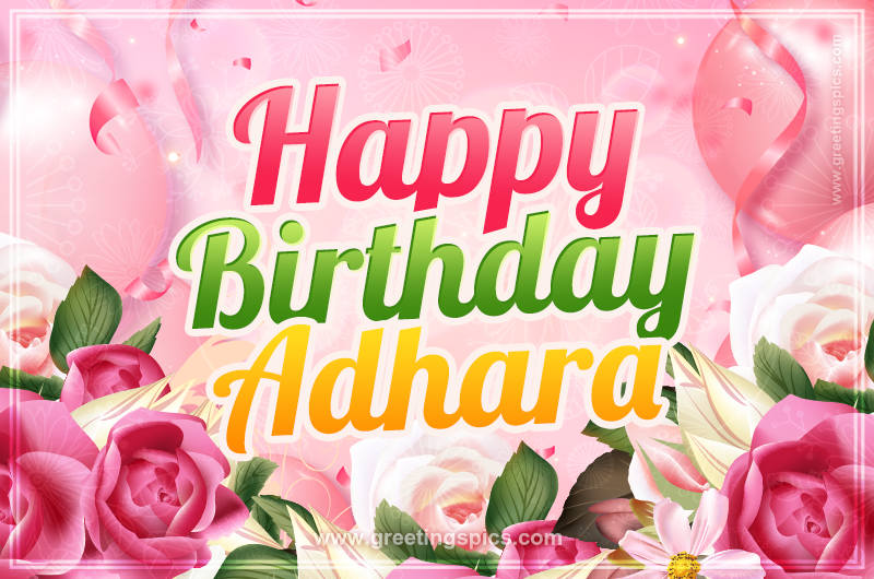 Image with gentle pink background and flowers Happy Birthday Adhara