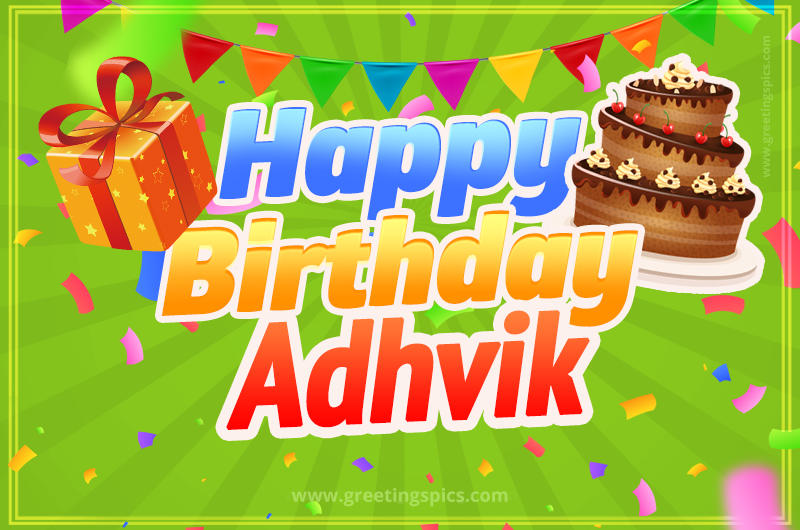 Happy Birthday Adhvik picture with flags, chocolate cake and gift box