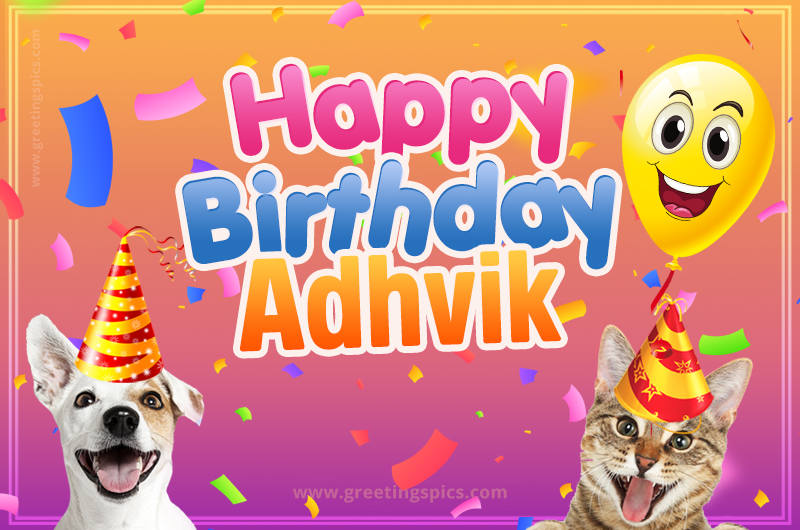 Happy Birthday Adhvik Funny Image with cat and dog