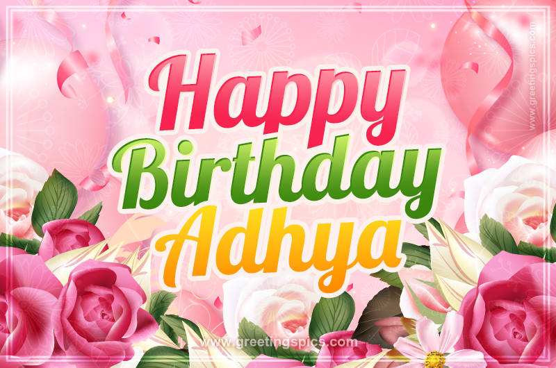 Image with gentle pink background and flowers Happy Birthday Adhya