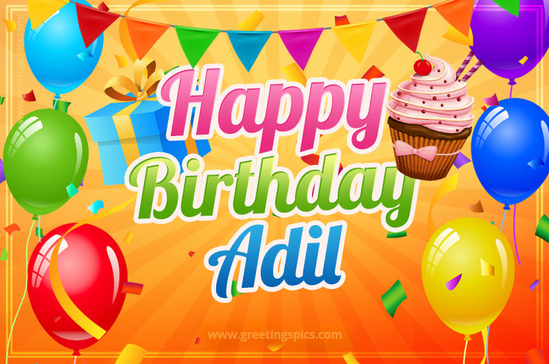 Happy Birthday Adil eCard with gift box and cupcake