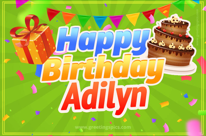 Happy Birthday Adilyn picture with flags, chocolate cake and gift box