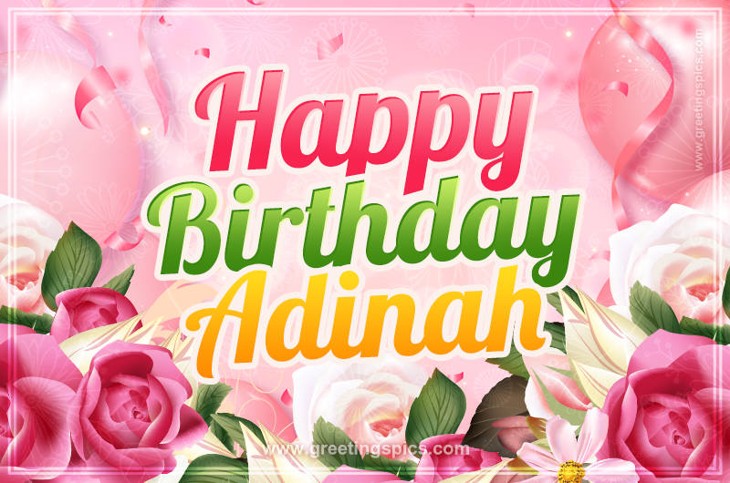 Image with gentle pink background and flowers Happy Birthday Adinah