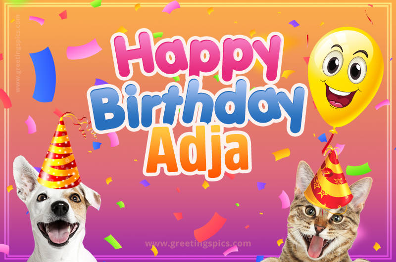 Happy Birthday Adja Funny Image with cat and dog