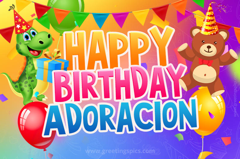 Happy Birthday Adoracion Image for a child with cute dinosaur and bear