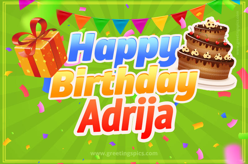 Happy Birthday Adrija picture with flags, chocolate cake and gift box