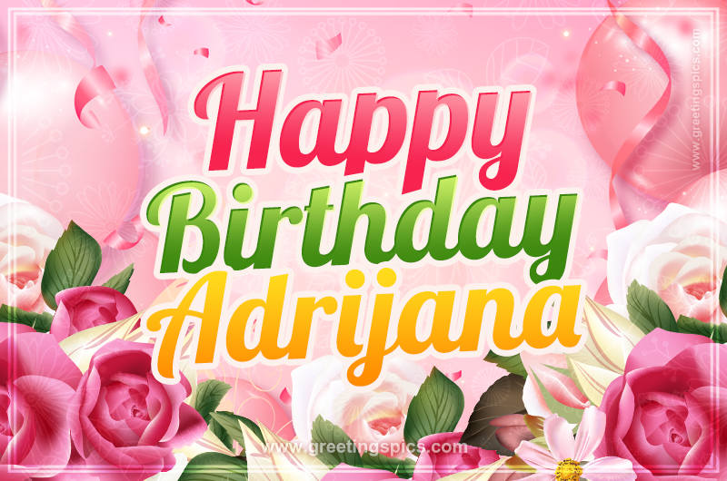 Image with gentle pink background and flowers Happy Birthday Adrijana