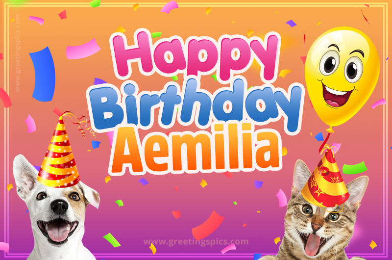 Happy Birthday Aemilia Funny Image with cat and dog