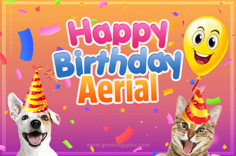 Happy Birthday Aerial Funny Image with cat and dog