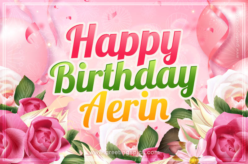 Image with gentle pink background and flowers Happy Birthday Aerin