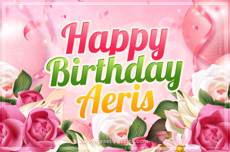 Image with gentle pink background and flowers Happy Birthday Aeris