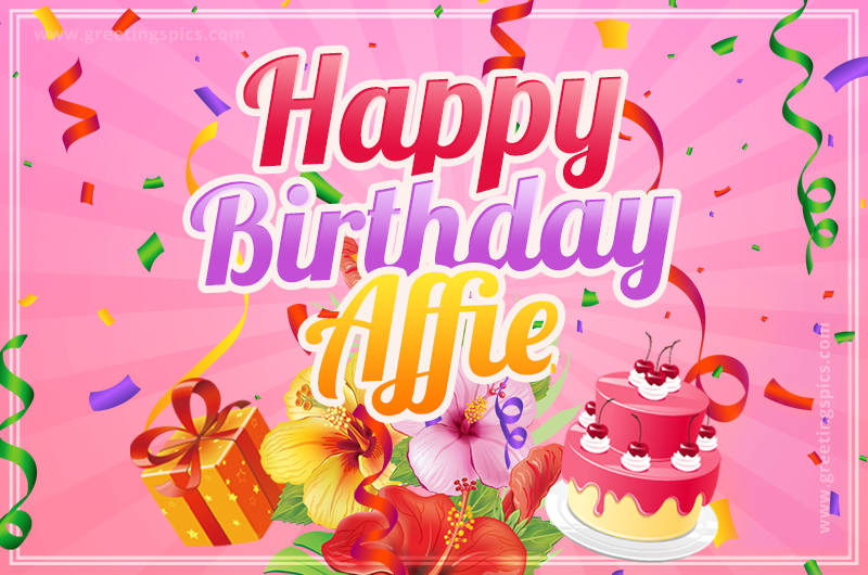 Beautiful Birthday Card for Affie with Cake and bouquet of flowers