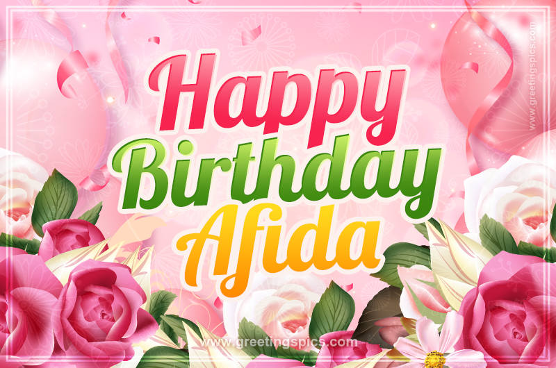 Image with gentle pink background and flowers Happy Birthday Afida