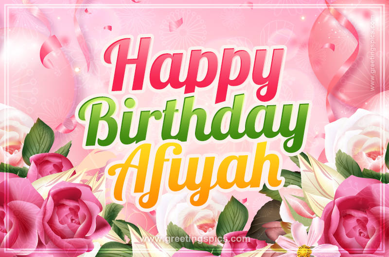 Image with gentle pink background and flowers Happy Birthday Afiyah