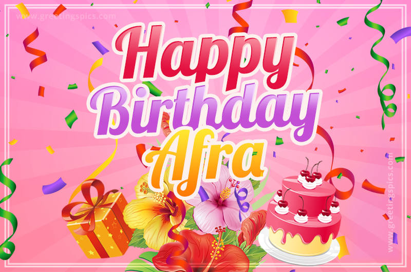 Beautiful Birthday Card for Afra with Cake and bouquet of flowers