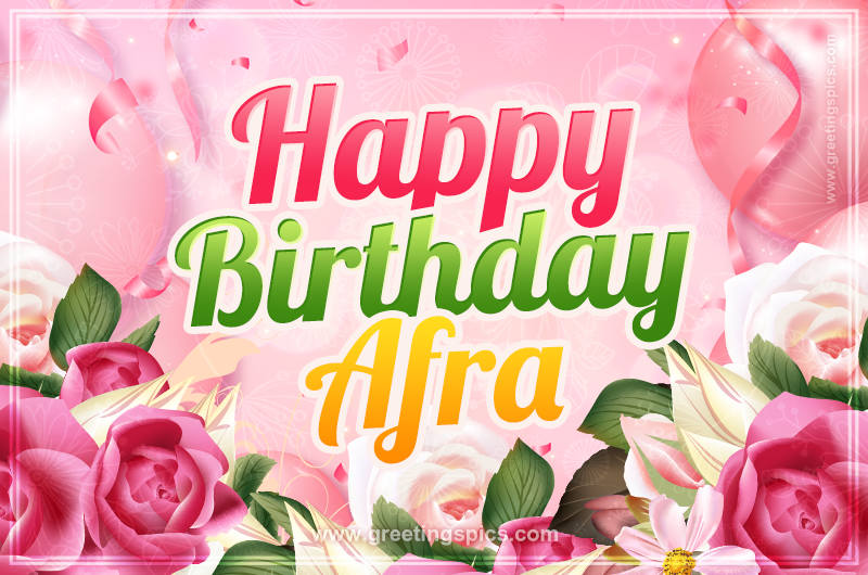 Image with gentle pink background and flowers Happy Birthday Afra