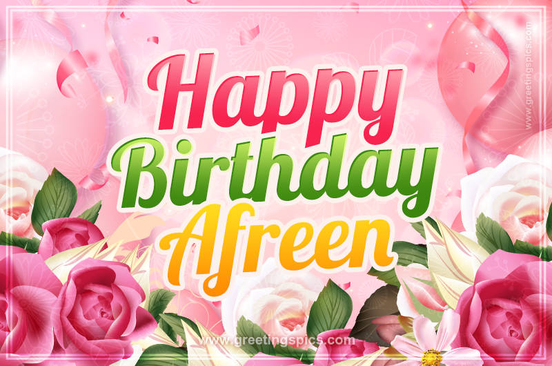 Image with gentle pink background and flowers Happy Birthday Afreen