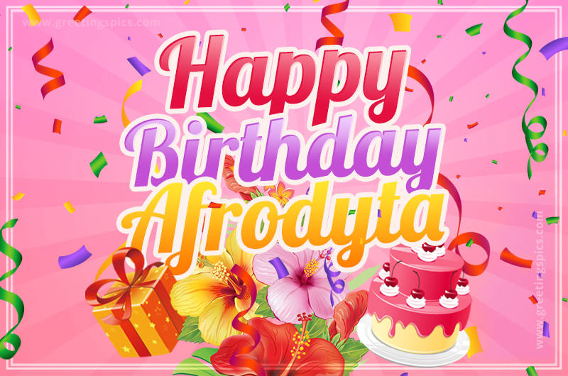 Beautiful Birthday Card for Afrodyta with Cake and bouquet of flowers