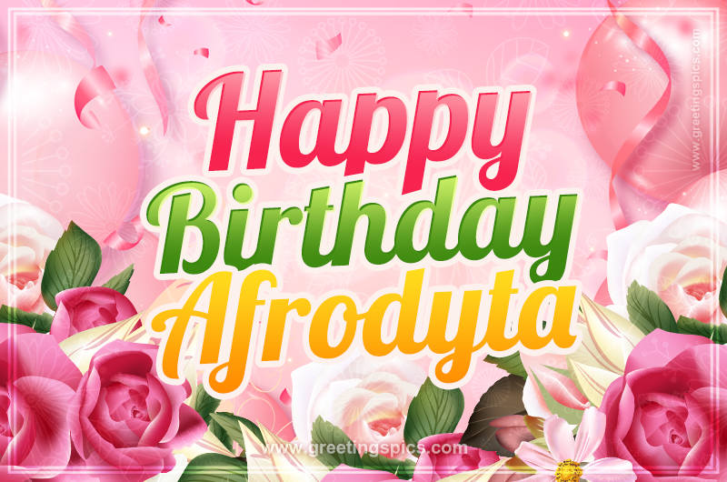 Image with gentle pink background and flowers Happy Birthday Afrodyta