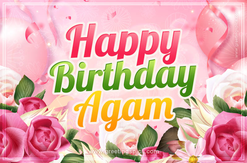 Image with gentle pink background and flowers Happy Birthday Agam