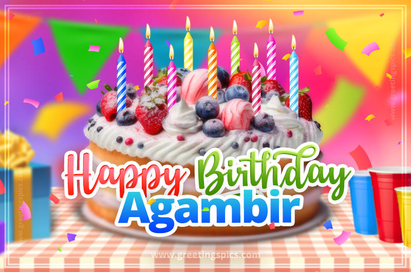 Happy Birthday Agambir Colorful Image with fruit cake and candles