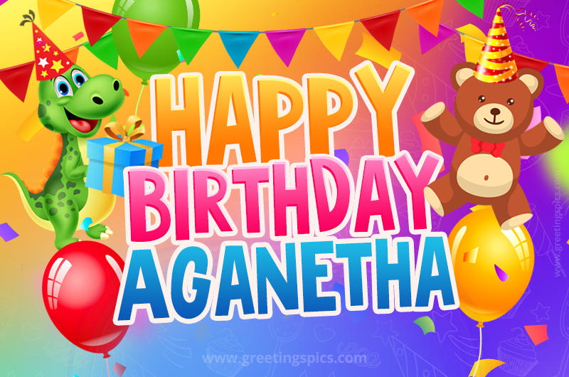 Happy Birthday Aganetha Image for a child with cute dinosaur and bear