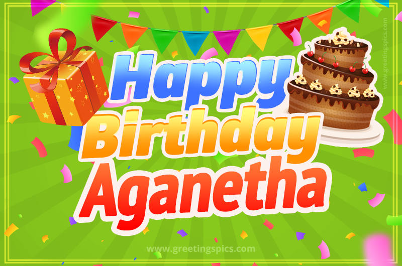 Happy Birthday Aganetha picture with flags, chocolate cake and gift box