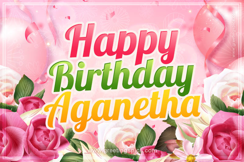 Image with gentle pink background and flowers Happy Birthday Aganetha